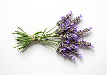 A small bunch of lavender flowers tied with twine, isolated on a clean white background surface view