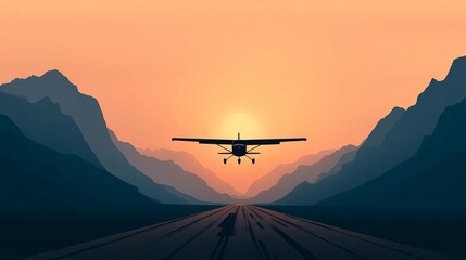 A plane takes off at sunset, surrounded by majestic mountains and vibrant skies.