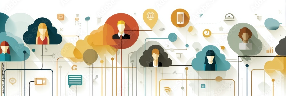 Aufkleber Connected Users and Cloud Icons Represent Digital Networking and Collaboration in a Modern, Flat Style Design Depicting Online Interactions