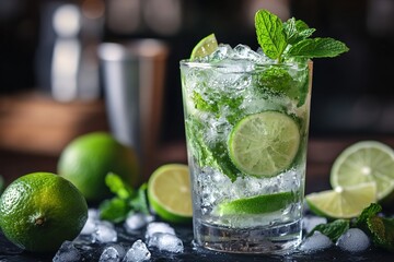 Fototapeta premium A classic mojito mocktail with lime, mint, and soda, served over crushed ice.