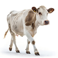 A Cow walking towards the camera, isolated on a clean white background