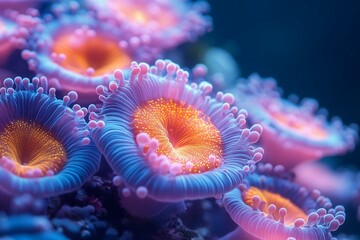 Glowing Abstract Microorganisms Forming Vibrant Underwater Coral Reef Structures