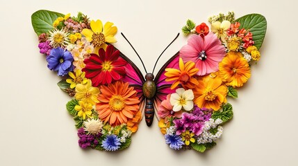 Butterfly formed out of various bright flowers in an abstract design