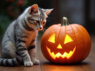 Cat plays with a Halloween, Hallowe'en pumpkin.
