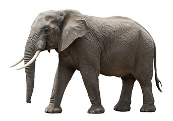 Obraz premium A full body shot of a gray african elephant with long tusks isolated on a white background walking