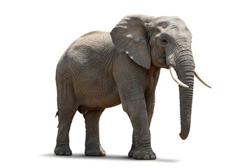 Fototapeta premium A full body shot of an african elephant standing on a white background with its tusks visible