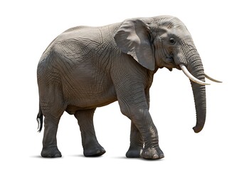 Obraz premium Isolated side view of an african elephant with large tusks on a plain white background image scene