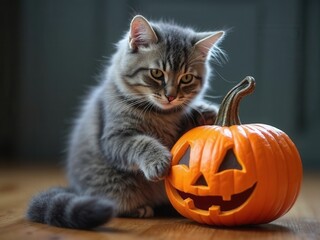 Cat plays with a Halloween, Hallowe'en pumpkin.
