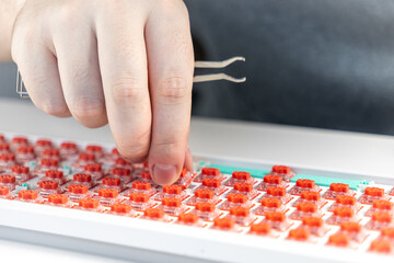 Hand pressing red mechanical switch into keyboard plate with tweezers during custom build