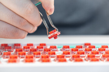 Macro of person holding removed red mechanical switch with puller tool above keyboard plate