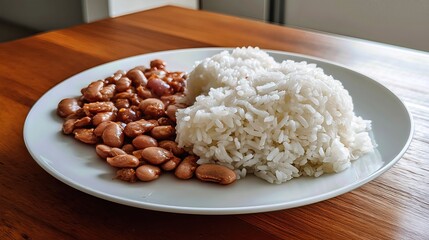 A simple serving of cooked beans and rice rests on a white plate, offering a hearty, affordable meal.

