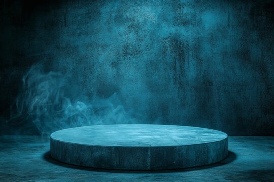 Empty circular stone podium in dark blue smoky studio - Powered by Adobe