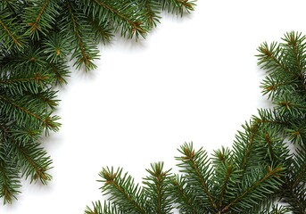 Close up of pine tree branches on a white background creating a festive christmas frame effect