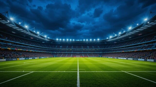 Empty stadium at night with powerful stadium lights