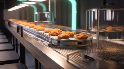 Conveyor belt system transporting a tray of delicious food in a busy restaurant kitchen for efficient service