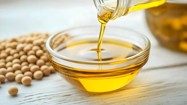 Pouring soybean oil into a small bowl surrounded by soybeans on a light wooden surface