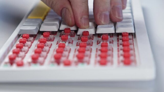 Fingers installing top row of white keycaps on red switches during mechanical keyboard assembly
