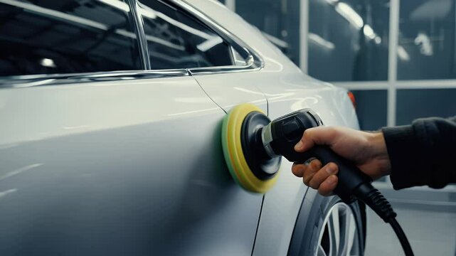 Polishing a silver car in a repair shop.