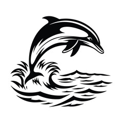 Minimalist Black Dolphin Leaping Silhouette, Aquatic Waves, Clean Line Art, Isolated