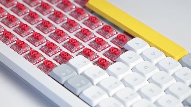 Fingers installing white keycaps onto mechanical keyboard switches after internal cleaning