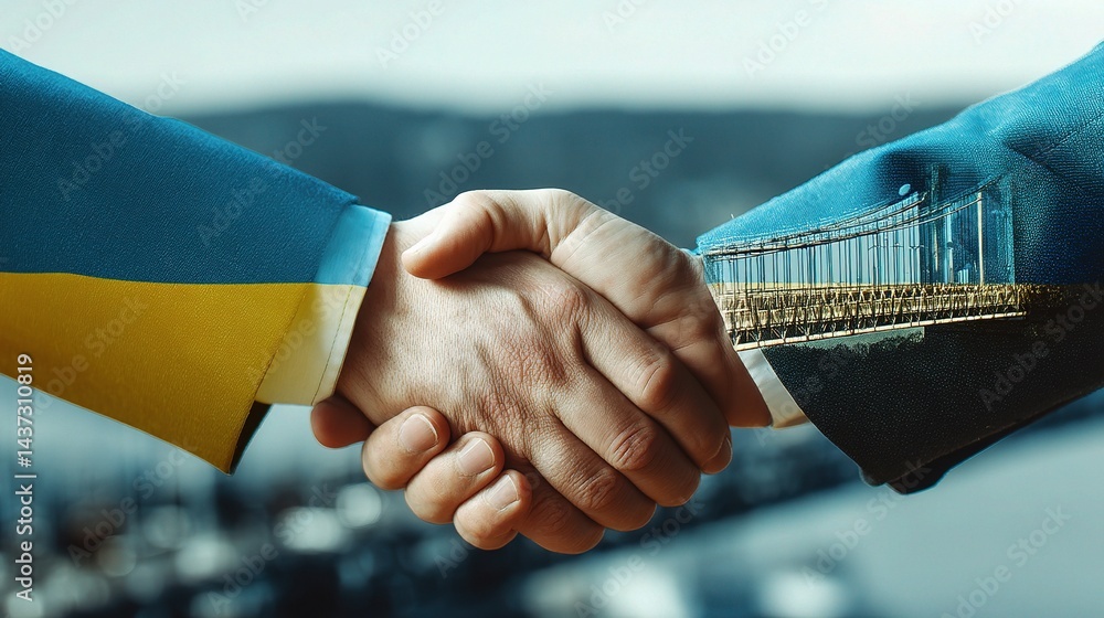 Poster men shaking hands with a bridge in background symbolizing unity