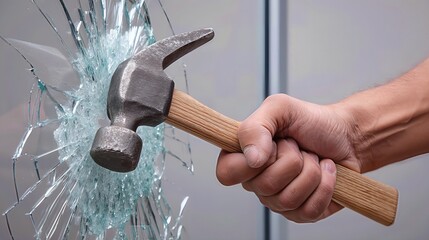 A hand smashes through store glass with a hammer, capturing a raw moment of vandalism and theft.