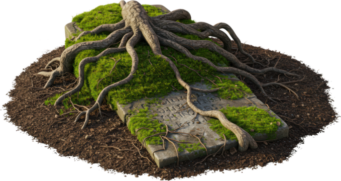 Ancient Tombstone Overgrown with Moss and Tree Roots Nature Photography