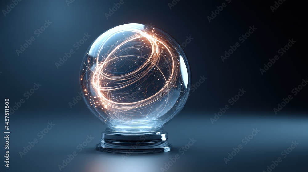 Poster fascinating clear sphere with a brilliant light trail effect enhanced by inner glowing energy spiral