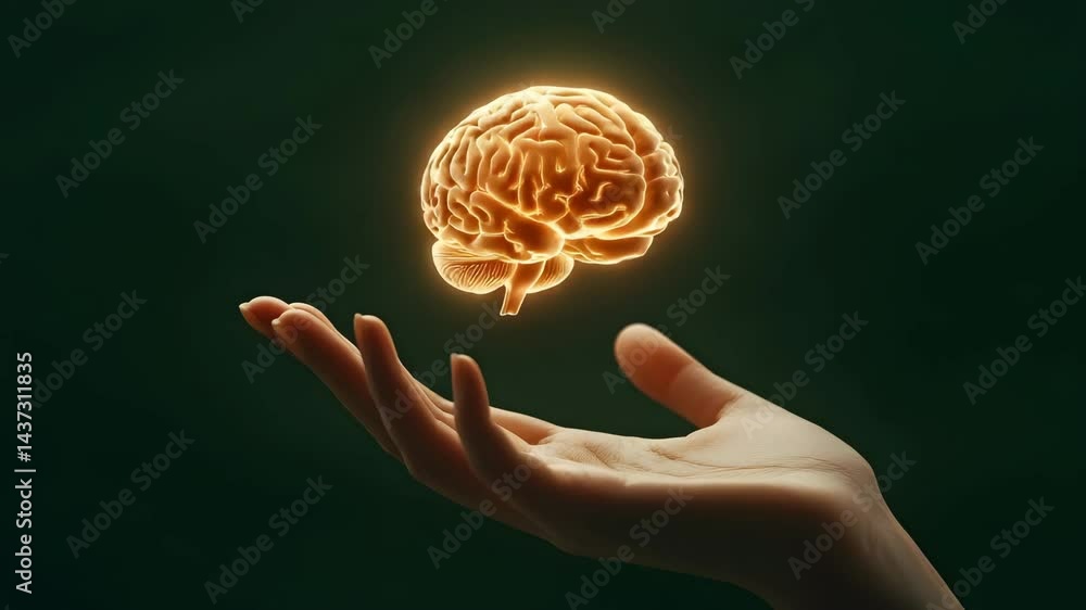 Poster hand holds glowing brain symbolizing knowledge and creativity in abstract background