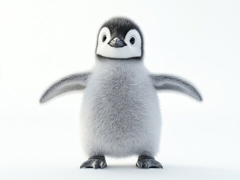 Cute fluffy baby penguin against a white background