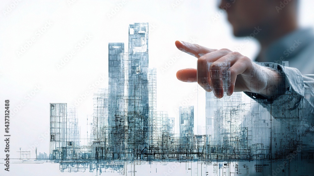 Aufkleber architect pointing at digital skyscraper model in modern design