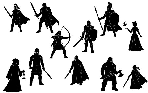 Black silhouettes of warriors and fantasy characters