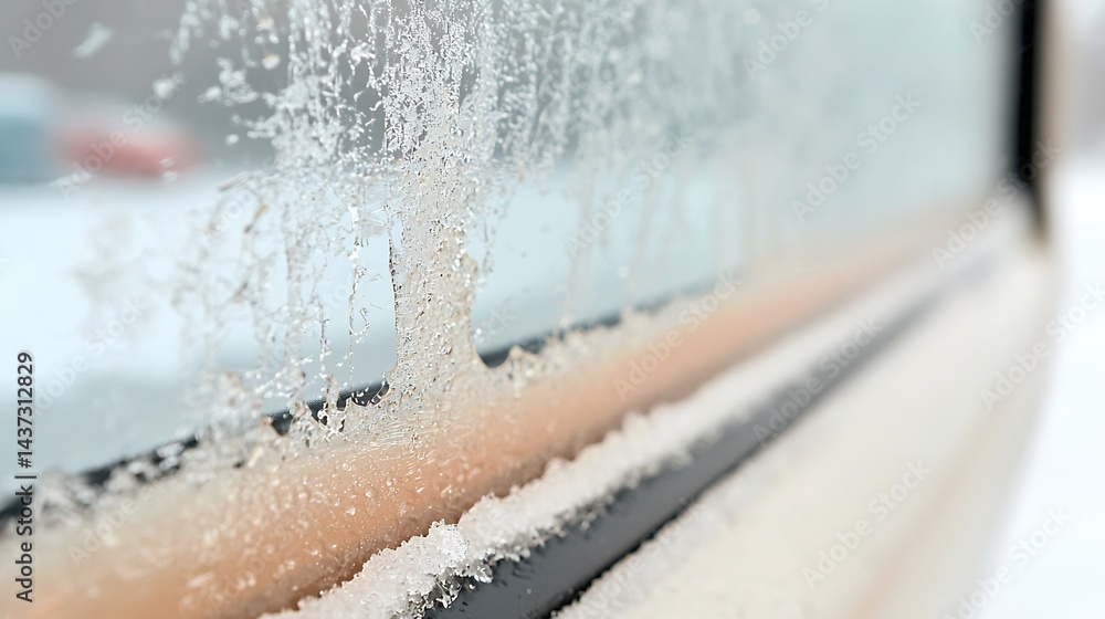 Poster closeup of frost patterns on a car window in winter