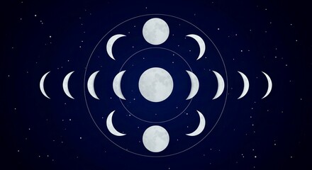 different phases of the moon arranged around a full moon, set against a dark blue, starry sky.