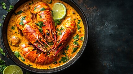 Shrimp dish in creamy sauce with lime, herbs on dark table, overhead view for food blog/recipe