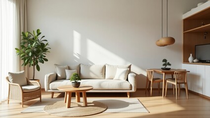 A bright japandi style small apartment living room filled with abundant natural light and warm tones creating a cozy and inviting space