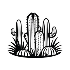 Silhouette Assorted Black Cacti Variety, Grass, Isolated, White Background, Nature Art
