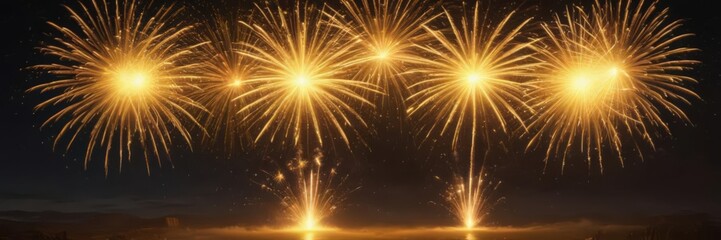 Bright yellow fireworks illuminating the night sky, intense radiant glow ,  festive,  design