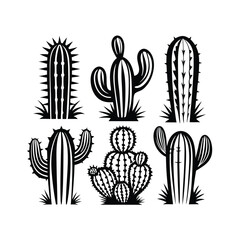 Set of Black Cactus Silhouettes on White Background. Desert Flora, Nature Elements