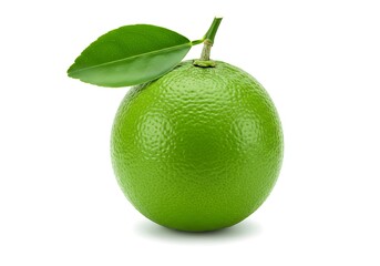 A single lime with a leaf attached to the stem on a white background in a studio shot close up