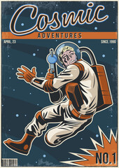 Retro Fantastic Comic Book Cover Style Illustration, Astronaut in Outer Space with Laser Gun, Retro Colors, Aged Textured Frame © koyash07