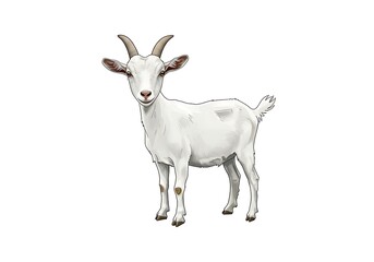Fototapeta premium A white goat with small horns standing on a white background in a cartoon illustration style