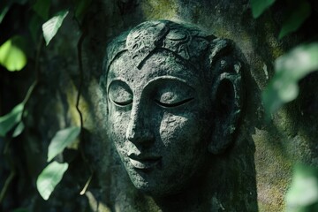 Fototapeta premium Ancient stone mask carving jungle temple wall with moss