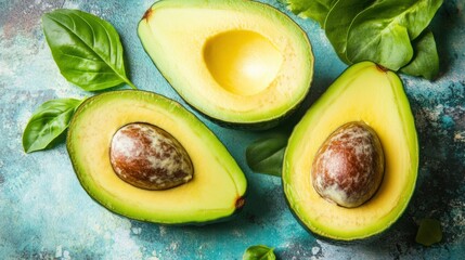 Fresh Avocado Halves with Seed and Green Leaves on Textured Surface