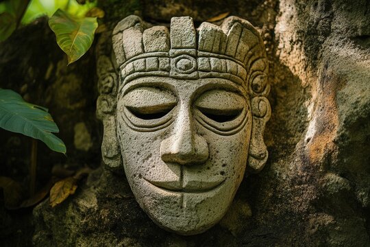 Ancient stone mask carving on mossy temple wall in jungle