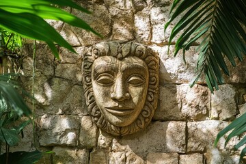 Obraz premium Ancient stone face carving on mossy temple wall in jungle