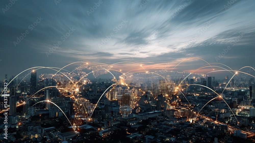 Poster global network map with glowing connection lines overlaying cityscape