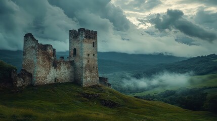 Ancient castle ruins dominate misty landscape