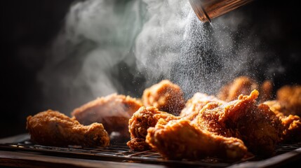 Person cooking fried chicken with innovative ai fryer spraying seasoning mist for enhanced flavor and texture