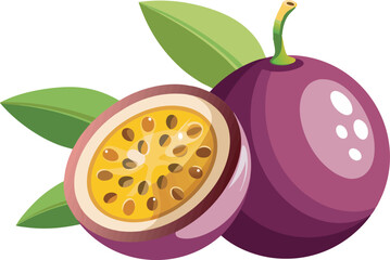 A vibrant, detailed vector art illustration showcasing a delicious, ripe passion fruit, bursting with tropical freshness and vivid, eye-catching colors.